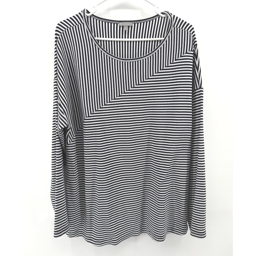 T by Talbots Top Black White Striped Long Sleeve Ribbed Mixed Stripe Women XL